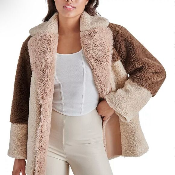 STEVE MADDEN Willow Faux Fur Color Blocked Coat Size Large - Picture 2 of 7
